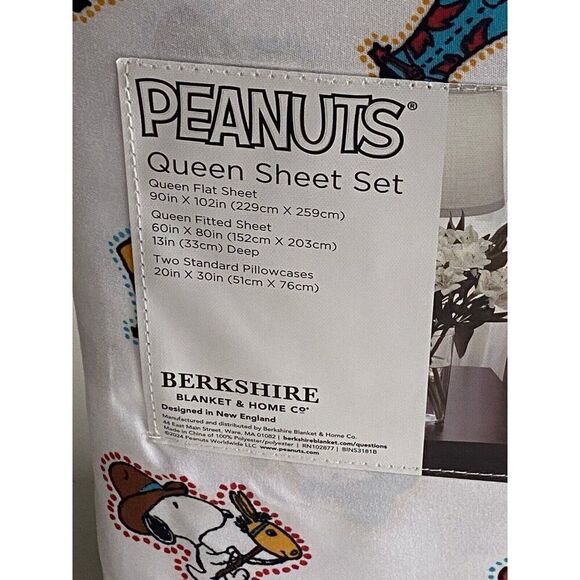 4 Pc PEANUTS Snoopy Cowboy QUEEN Sheet Set By Berkshire Super Soft White NEW - Picture 6 of 12